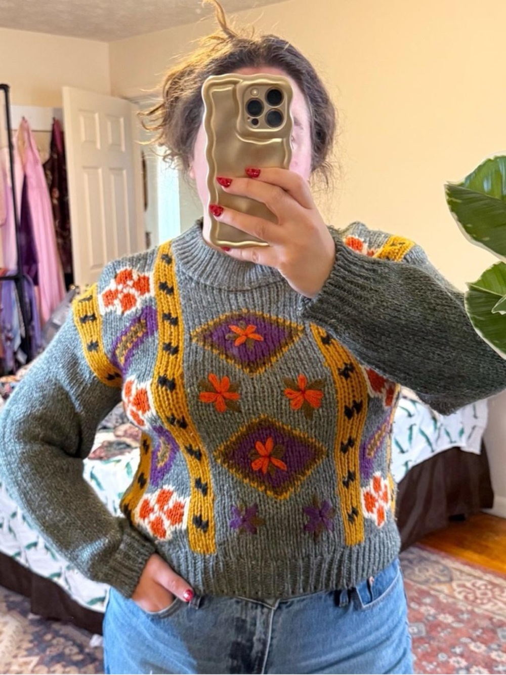 J&L Sport vintage gray floral print sweater